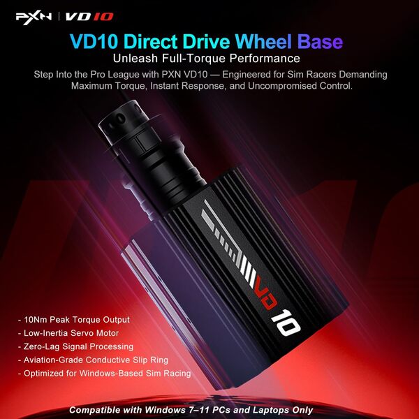 PXN VD10 Base de Volant Direct Drive – Couple de 10 Nm, Retour de Force Haute Précision, Moteur Servo à Faible Inertie Professionnelle – Base de Volant de Jeu pour PC