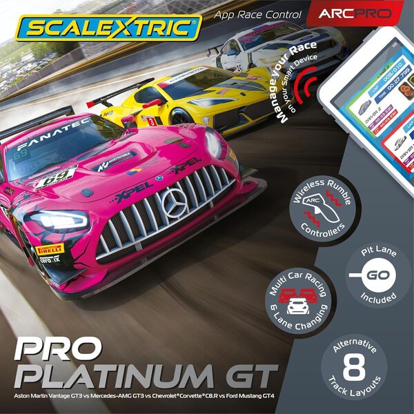 Scalextric Arc Pro – Kit de Course numérique pour Enfants – Kit de Course Pro Platinum – Circuit de Course électrique contrôlé par Application pour Enfants à partir de 8 Ans, Pistes de Course en