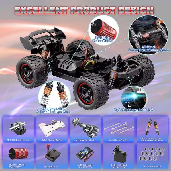 Herenear Voiture Télécommandée, 60+ km/h, 1:18 4WD Voiture Telecommandé Tout Terrain, 2,4 GHz Télécommandes, 50 Min d'Autonomie, Voiture RC Electrique Jouet pour Adultes et Enfants