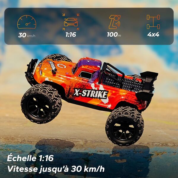 Overmax X-Strike RC Voiture télécommandée pour Enfants, Buggy Radiocommandé Tout Terrain Off-Road 1:16, Vitesse jusqu'à 30 km/h, portée jusqu'à 100 m, Transmission 4WD, 2 Batteries 1500 mAh