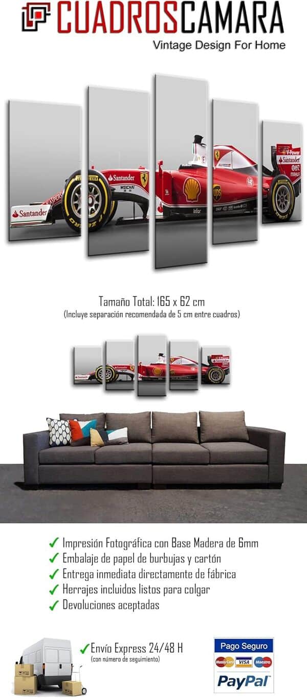 Cuadros Camara Tableau Moderne Photographique, Impression sur Bois, Voiture de Formule 1, Ferrari F1, Sebastian Vettel, 165 x 62 cm, ref. 26553