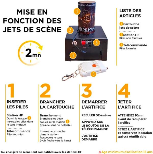SPARKLERS CLUB Pack Pro 8 Déclencheurs + 10 Jets de Scène Or 2 Mètres / 30 Secondes + Télécommande pour Machine d'allumage de Jet de Scène Artifice pour Intérieur à Étincelles Lumineuses Cat F1